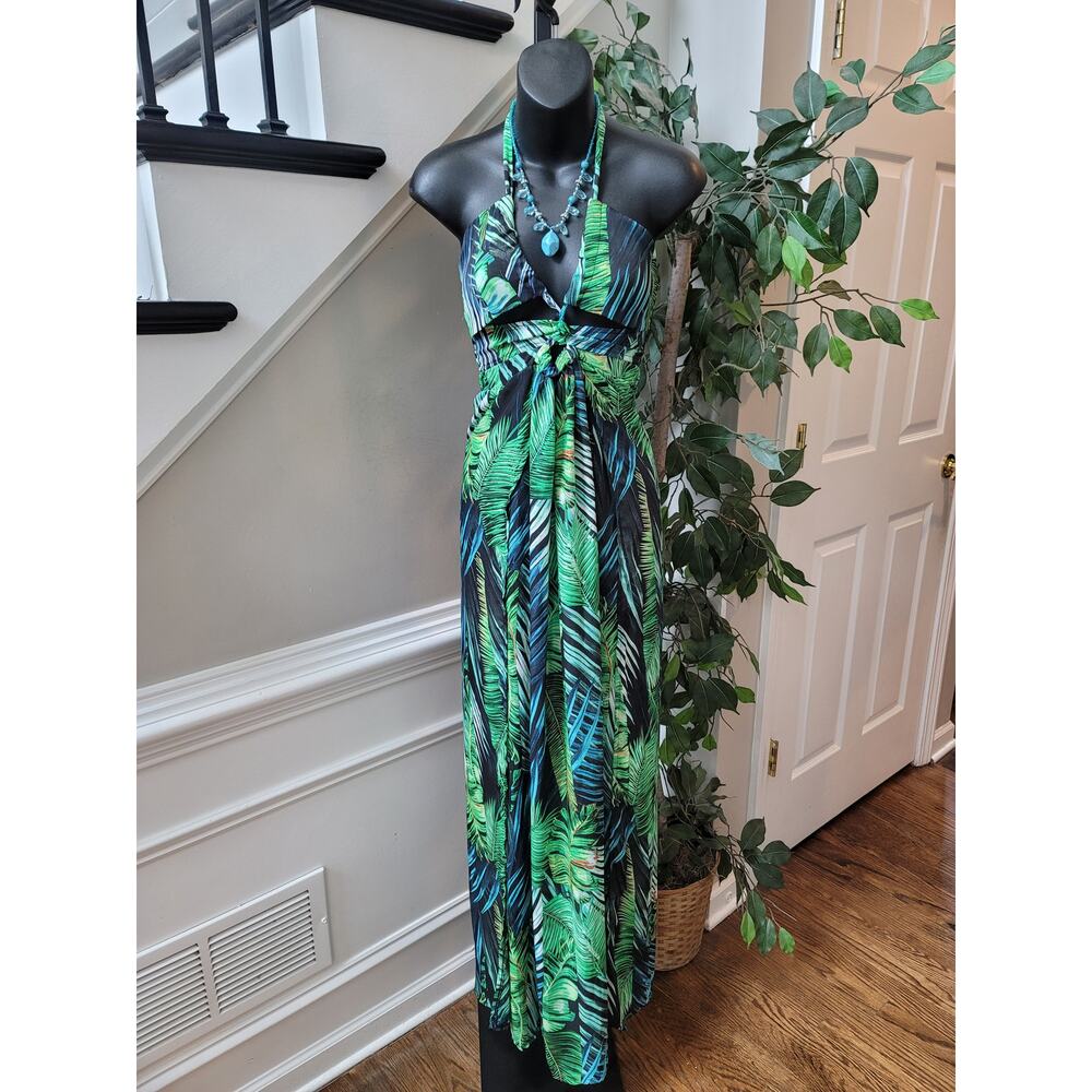Shein Maxi Dress‎ Women Small Green Black Tropical Halter Boho Summer Beachwear